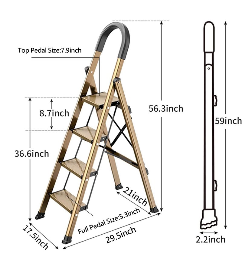 GameGem Lightweight Aluminum 4 Step Ladder Folding Step Stool Stepladders with Anti-Slip and Wide Pedal for Home and Kitchen Use Space Saving (Brown Gold) - Image 5