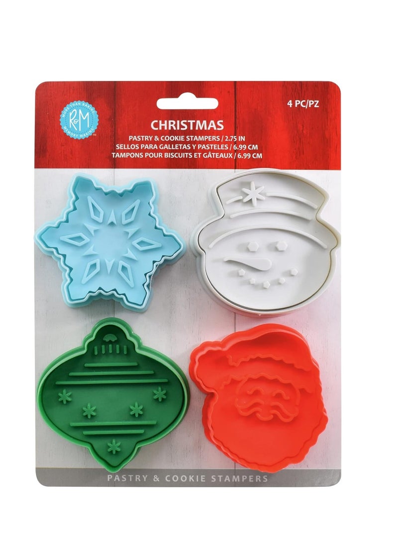 R&M R&M, Christmas Double-Sided Cookie Cutter Stamper Set of 4, Assorted Designs and Sizes, Christmas Tree, Snowman, Santa, Gingerbread Man, Green and Red  - Image 1