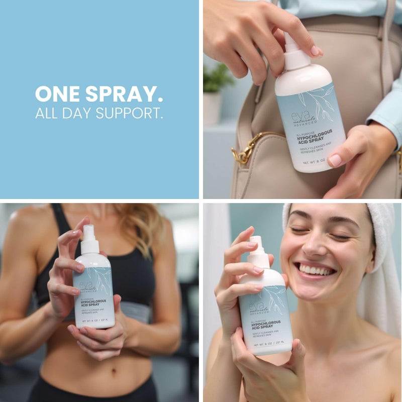 Eva Naturals رذاذ حمض الهيبوكلوروس للوجه والبشرة والجسم - تونر رذاذ HOCl للوجه، منظف مرطب لحب الشباب، الإكزيما، الوردية، الجفون، الحيوانات الأليفة، التمارين، الأطفال، الظهر، الاحمرار، رذاذ العناية الحساسة - 8 أونصة - Image 4