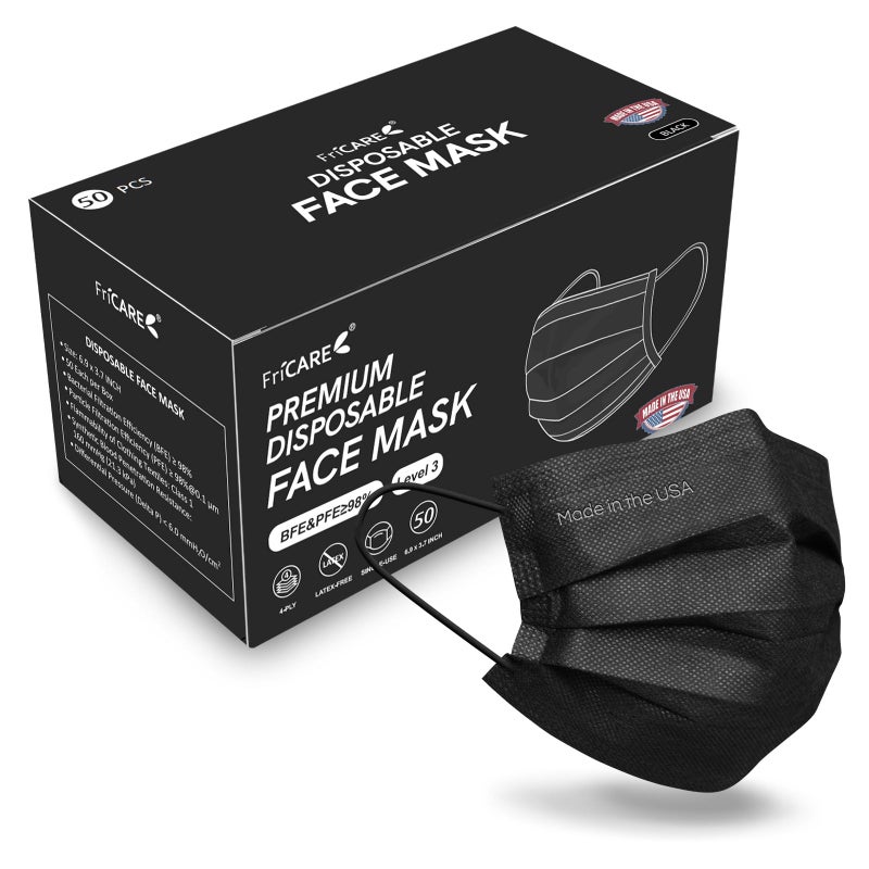 FriCARE Made in USA Disposable Face Masks, 4-Ply ASTM Level 3 Medical Grade, Breathable & Comfortable for Adult Daily Work/Sun Protection, 50 Pack Black - Image 1