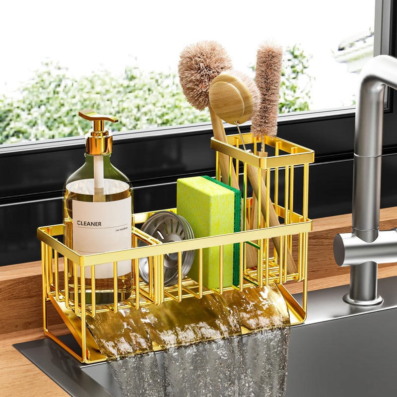 Cisily Gold Kitchen Sink Caddy Organzier with High Brush Holder, Sponge Holder for Sink, 304 Rustproof Stainless, Kitchen Countertop Soap Dispenser Organizer, Home Decor and Accessories - Image 1