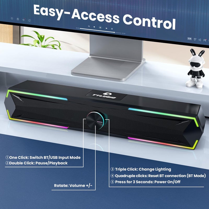 Tylubio Computer Speakers for Pc Desktop with Clear Sound, Flowing LED PC Speaker for Computer Desktop Laptop Monitor, Bluetooth & USB Input - Image 5