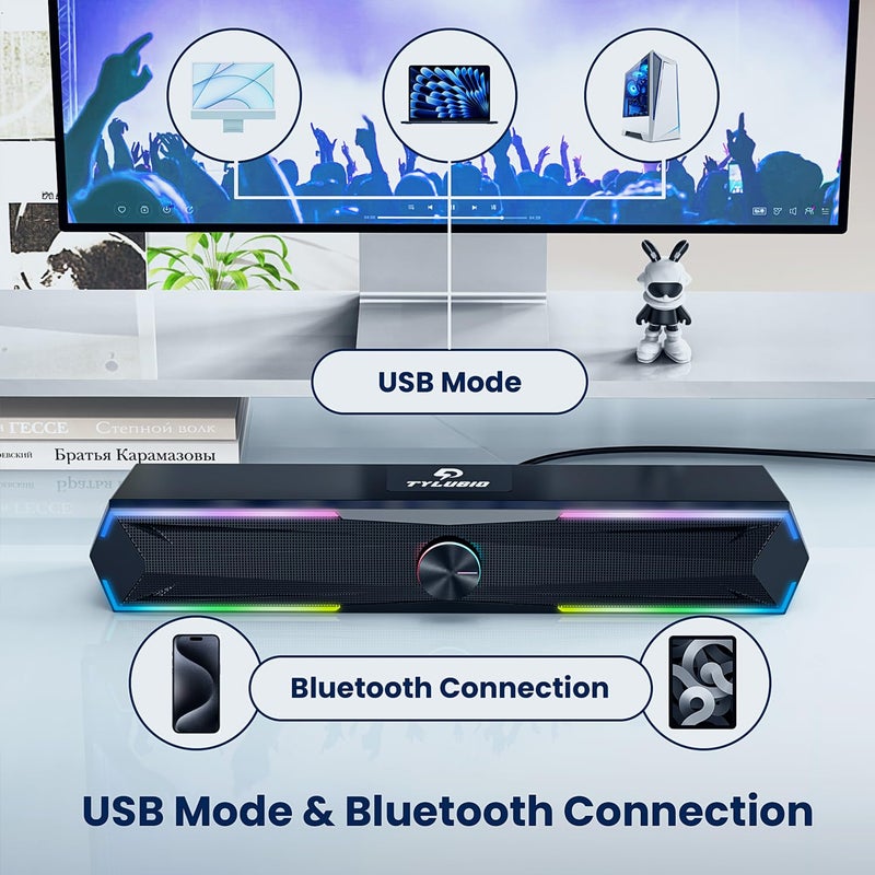 Tylubio Computer Speakers for Pc Desktop with Clear Sound, Flowing LED PC Speaker for Computer Desktop Laptop Monitor, Bluetooth & USB Input - Image 4
