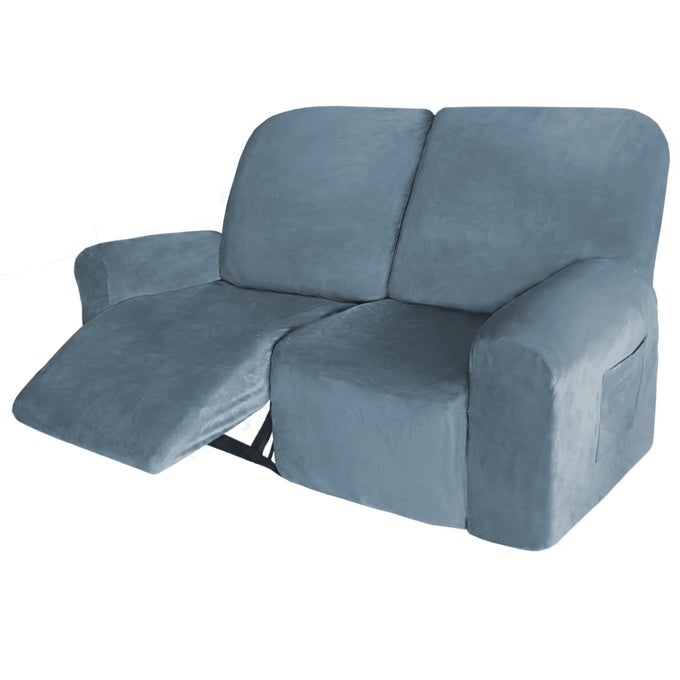 VELVET 6 PIECES RECLINER LOVESEAT COVER 2 SEATERS LAZY BOY RECLINING FURNITURE PROTECTOR FOR KIDS PET NON SLIP LOVE SEAT SOFA COUCH SLIPCOVER THICK WASHABLE STONE BLUE