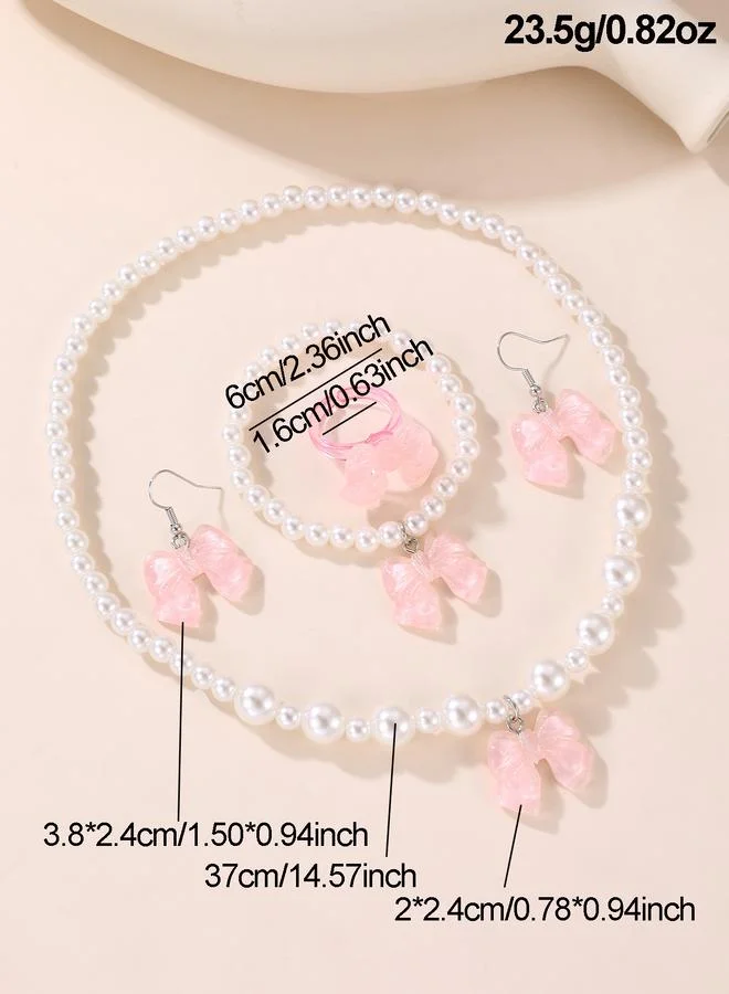 Take Two  Girls Pink Bow Charm Pearl Beaded Necklace, Bracelet, Ring and Earrings Set for Women | Best Price UAE