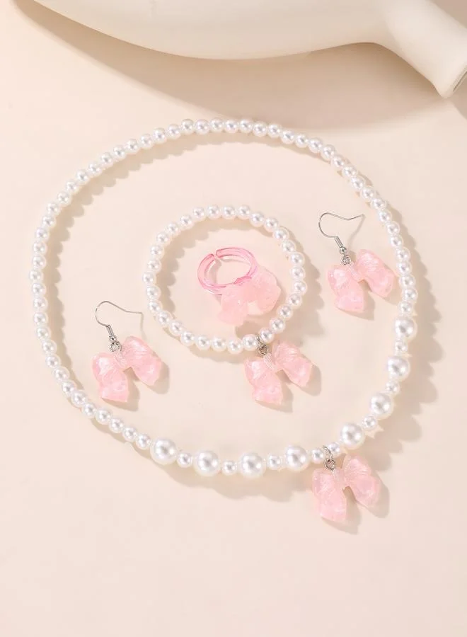 Girls Pink Bow Charm Pearl Beaded Necklace, Bracelet, Ring and Earrings Set