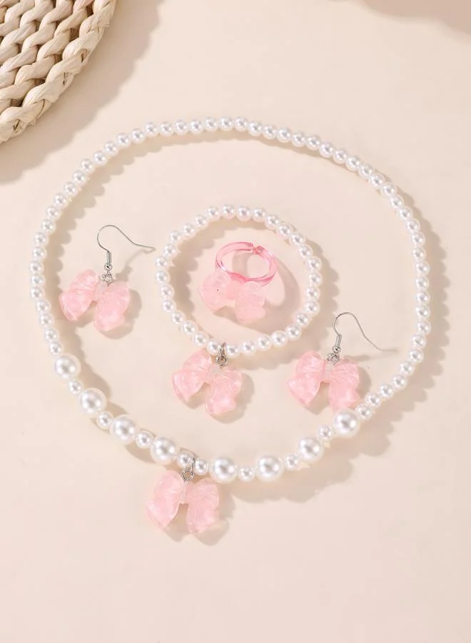 Take Two  Girls Pink Bow Charm Pearl Beaded Necklace, Bracelet, Ring and Earrings Set for Women | Best Price UAE