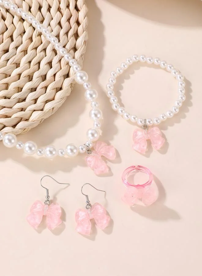 Take Two  Girls Pink Bow Charm Pearl Beaded Necklace, Bracelet, Ring and Earrings Set for Women | Best Price UAE