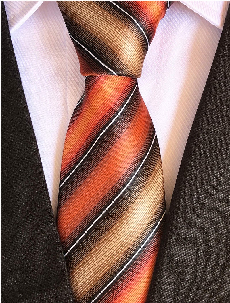 Secdtie Men's Narrow Stripe Pattern Ties Orange Tan Black Handmade Autumn Silk Neckties - Image 2