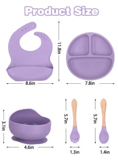 Super ZYouth 5-Pieces Silicone Baby Feeding Set, Baby Led Weaning Supplies with Suction Bowl and Divided Plate, Wooden Spoon and Fork, Toddler Tableware Set with Adjustable Soft Silicone Bib  - Image 2