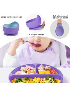 Super ZYouth 5-Pieces Silicone Baby Feeding Set, Baby Led Weaning Supplies with Suction Bowl and Divided Plate, Wooden Spoon and Fork, Toddler Tableware Set with Adjustable Soft Silicone Bib  - Image 3