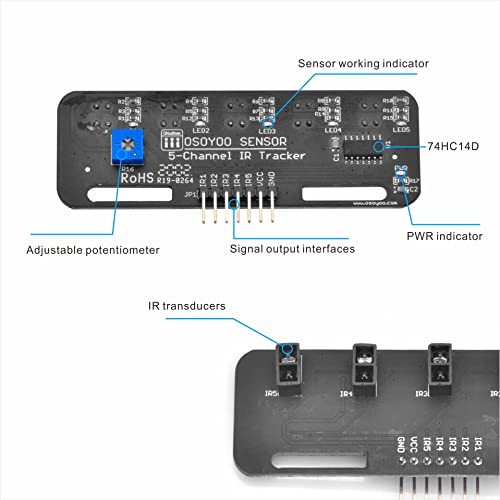 OSOYOO Infrared Line Tracking Sensor Module + 7 Pin 25cm Female to Female Jumper Wire, 5-Channel Infrared IR Line Reflection Tracker Sensor 3.3V-5V, Smart Car Black White Line Detection Tracing - Image 5