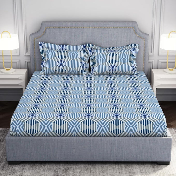 MICROFIBER DOUBLE BEDSHEET 220 CM X 240 CM 43 CM X 68 CM 105 TC SATEEN GEOMETRIC BEDSHEET PILLOW COVERS SET HIGH TIDE ADORE