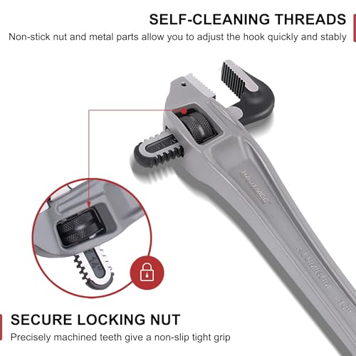HAUTMEC 14 Inch Aluminum Offset Pipe Wrench, Heavy Duty Adjustable Plumbing Wrench, 2" Jaw Capacity, 40% Lighter Drop Forged Construction, for Use in Tight Spaces HT0189 - Image 3
