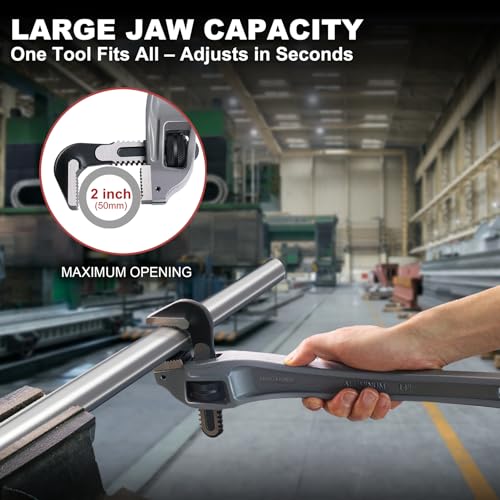 HAUTMEC 14 Inch Aluminum Offset Pipe Wrench, Heavy Duty Adjustable Plumbing Wrench, 2" Jaw Capacity, 40% Lighter Drop Forged Construction, for Use in Tight Spaces HT0189 - Image 5