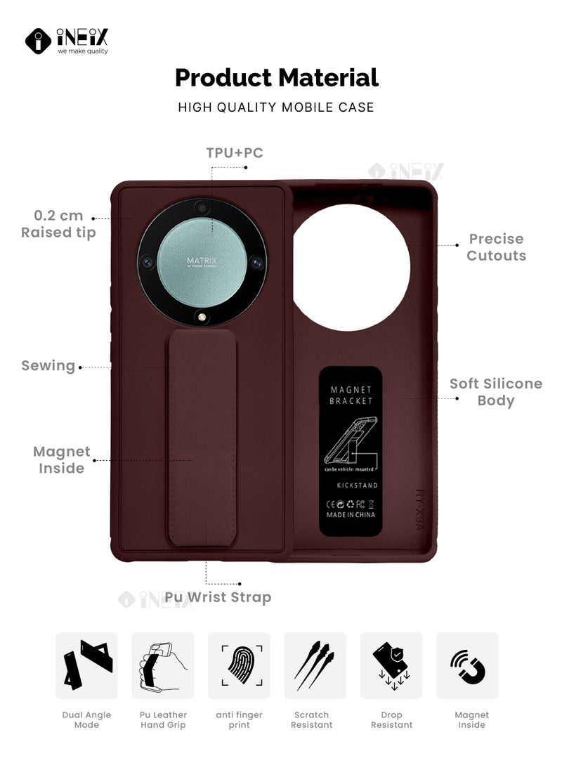 3-in-1 Magnetic Wrist Strap Hand Grip with Stand Case Cover for Honor X9a-Brown