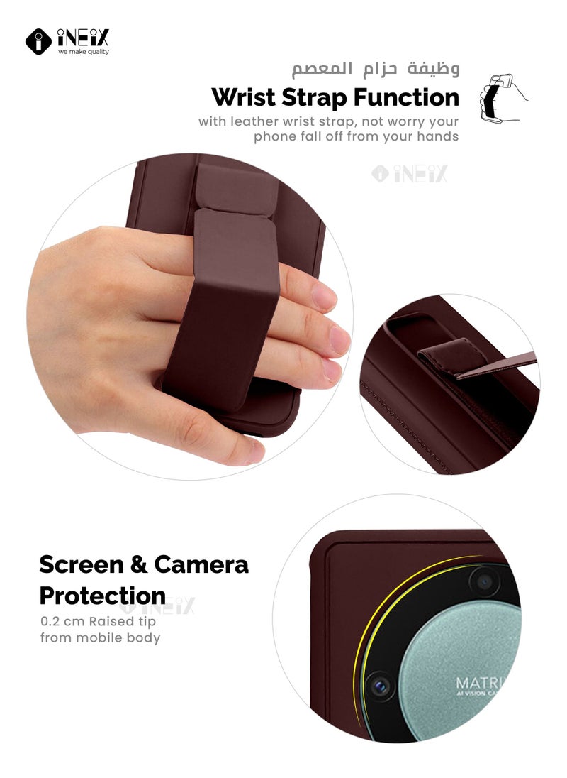 3-in-1 Magnetic Wrist Strap Hand Grip with Stand Case Cover for Honor X9a-Brown