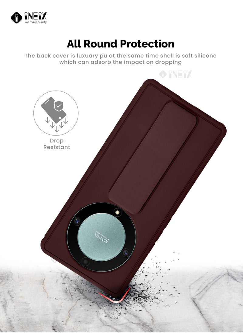 3-in-1 Magnetic Wrist Strap Hand Grip with Stand Case Cover for Honor X9a-Brown