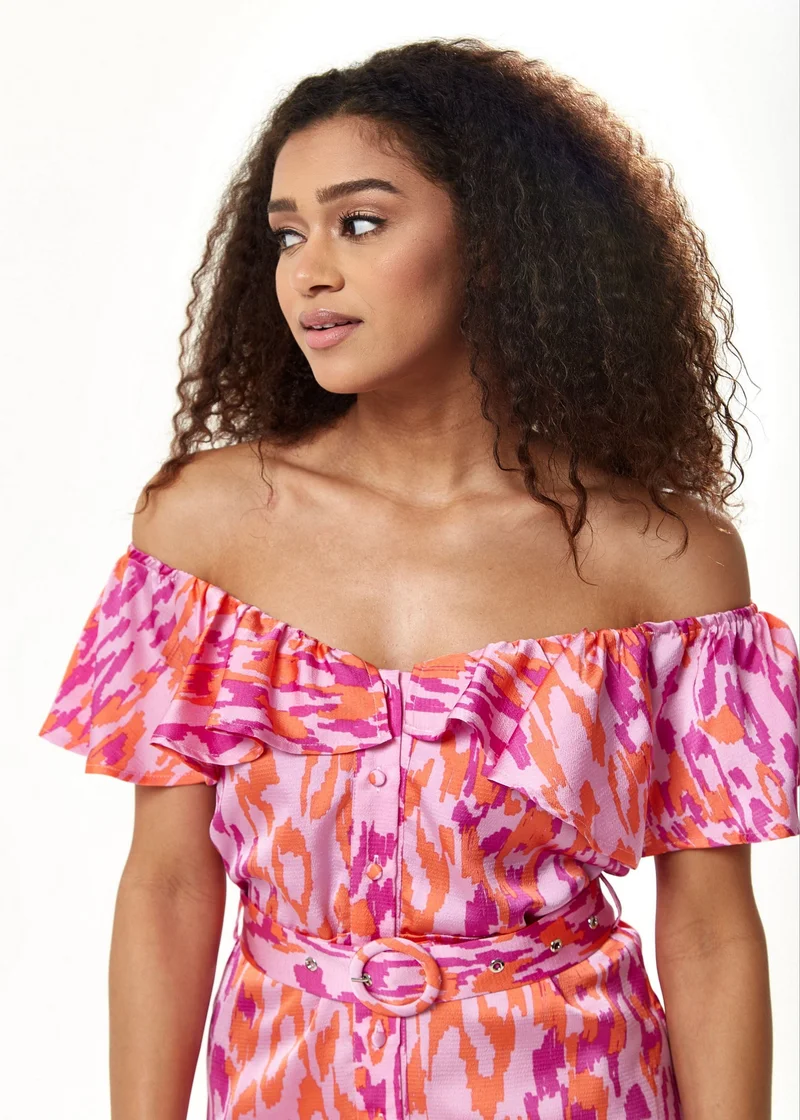 Liquorish Off Shoulder Dress in Pink Animal Print