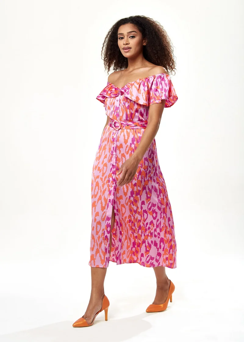 Liquorish Off Shoulder Dress in Pink Animal Print