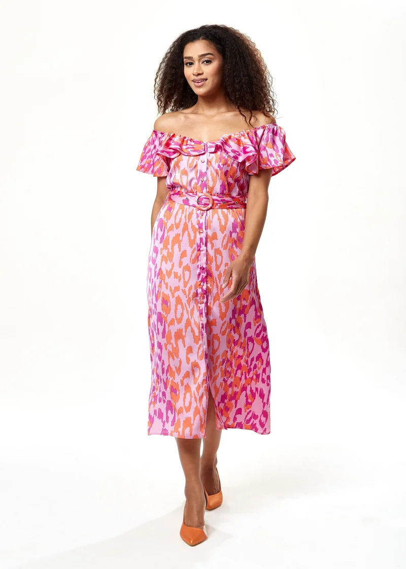 Liquorish Off Shoulder Dress in Pink Animal Print