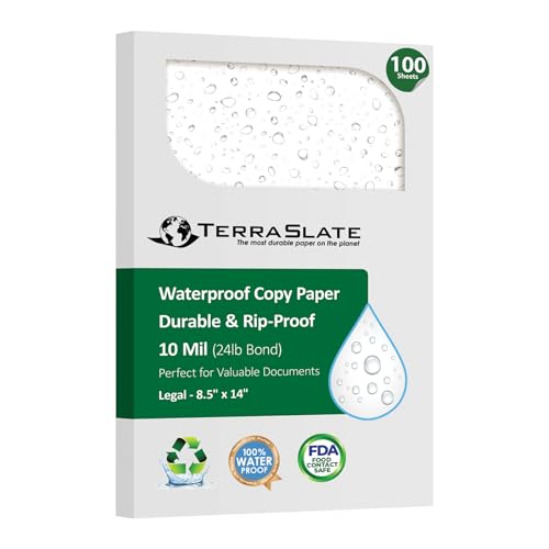 TerraSlate Printable Waterproof Paper for Laser Printer, 10 MIL 8.5" x 14", 100 Sheets, Matte White Printer Paper I Rip-Resistant, Weather/Rain Proof Copy Paper - Image 1