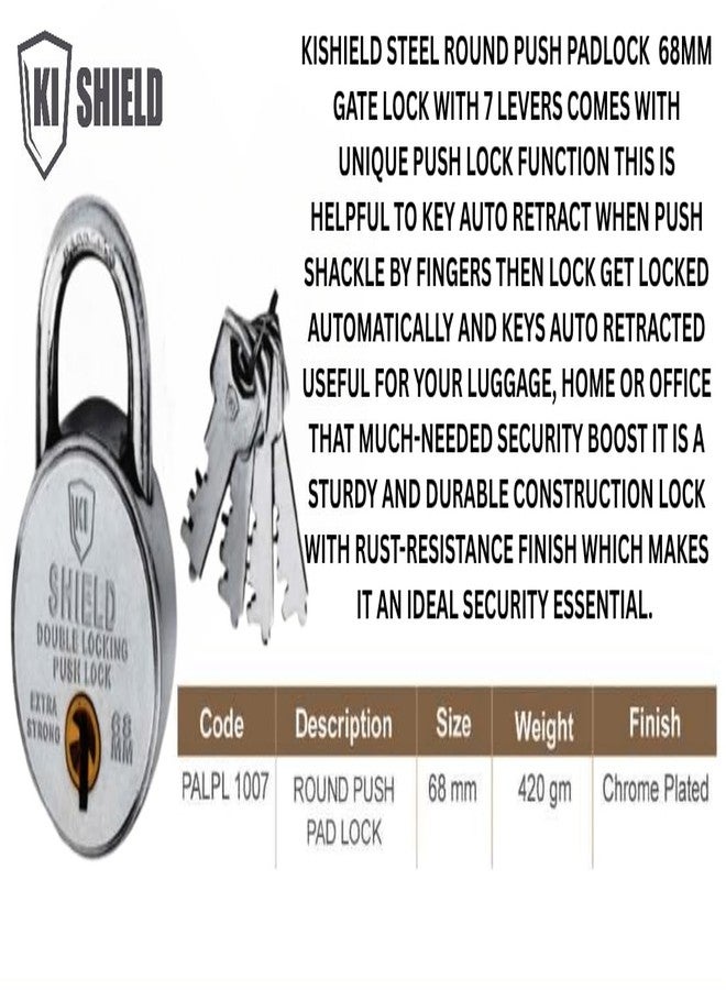 KI SHIELD 1007 Steel Round 68mm Keyed Smart Push Padlock (8 Levers, 4 Keys) |Silver Chrome Plated Finish | Door Accessories, Shutter Locks, Gate Lock, Hasps Lock | Durable Long Life | 1unit - Image 3