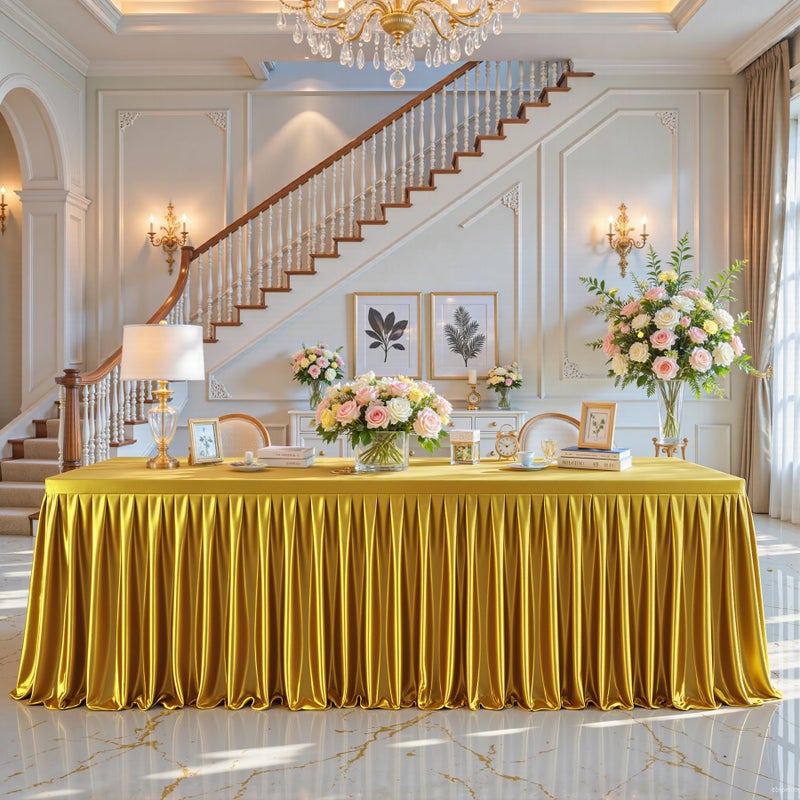 PARTISKY Gold Satin Tablecloths Rectangle 6FT, Glitter Spandex Fitted Stretch Table Covers Wrinkle-Free Floor Length Shimmer Table Skirt for Weddings Parties Baby Shower Banquets Vendor Events - Image 1