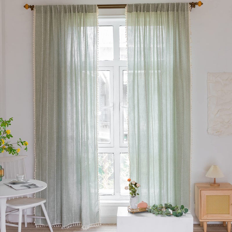 RoomTalks Sage Green Modern Farmhouse Textured Curtains for Bedroom Living Room 63 Inch Length Light Filtering French Country Boho Chic Tassel Window Curtain Panels Bohemian Draperies, 63â€™â€™L x 52â€™â€™W - Image 2