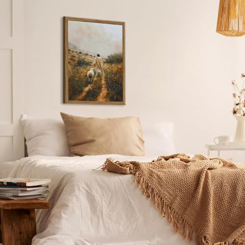 Hwetui Jesus Leaves the 99 Sheep Canvas Wall Art Christian Wall Decor Picture Jesus and Lamb Painting The Lost Sheep Posters Prints for Living Room Bedroom Church Prayer Home Decor 12x16Inch Wood Framed - Image 2
