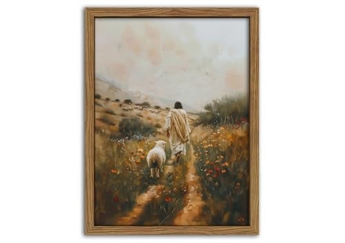 Hwetui Jesus Leaves the 99 Sheep Canvas Wall Art Christian Wall Decor Picture Jesus and Lamb Painting The Lost Sheep Posters Prints for Living Room Bedroom Church Prayer Home Decor 12x16Inch Wood Framed - Image 1