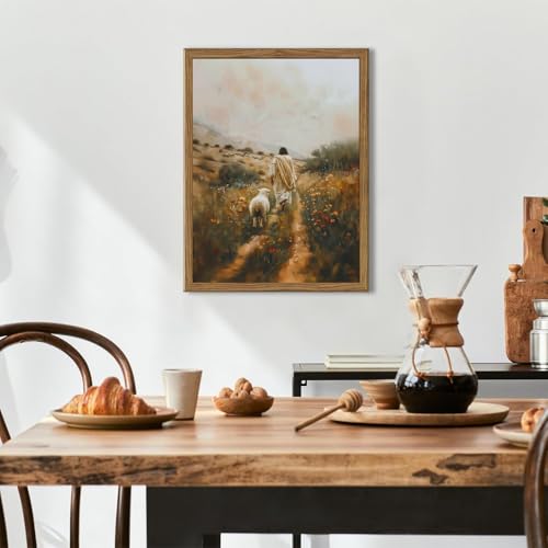 Hwetui Jesus Leaves the 99 Sheep Canvas Wall Art Christian Wall Decor Picture Jesus and Lamb Painting The Lost Sheep Posters Prints for Living Room Bedroom Church Prayer Home Decor 12x16Inch Wood Framed - Image 4
