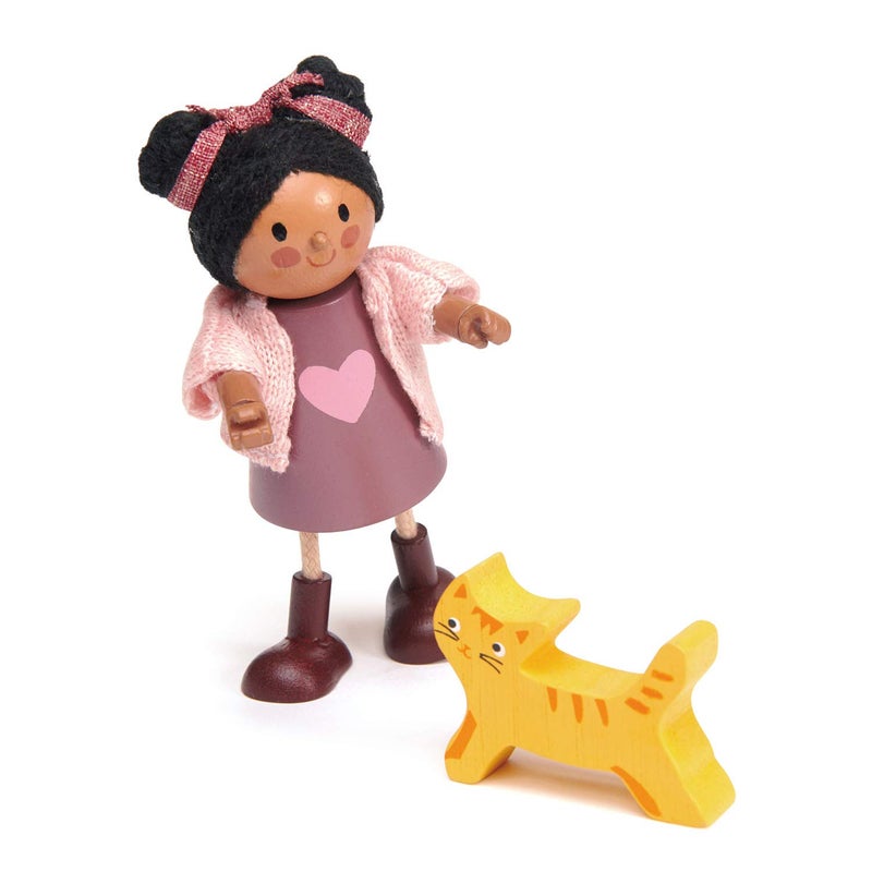 Tender Leaf Toys - Ayana and Her Cat - Wooden Miniatures Flexible Doll  Multicultural Action Figure for Dollhouse - Encourage Creative and Imaginative Fun Play for Children - Age 3+ - Image 1