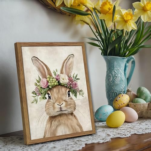 Tmvosn Framed Easter Bunny Wall Art, Spring Easter Rabbit Garland Canvas Wall Decor Painting, Cute Animal Flower Artwork Prints Pictures for Kids Nursery Living Room Bedroom 8x10 Inch Wood Frame - Image 5