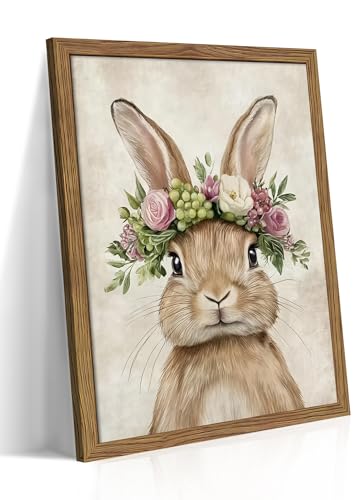 Tmvosn Framed Easter Bunny Wall Art, Spring Easter Rabbit Garland Canvas Wall Decor Painting, Cute Animal Flower Artwork Prints Pictures for Kids Nursery Living Room Bedroom 8x10 Inch Wood Frame - Image 1