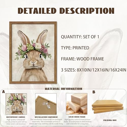 Tmvosn Framed Easter Bunny Wall Art, Spring Easter Rabbit Garland Canvas Wall Decor Painting, Cute Animal Flower Artwork Prints Pictures for Kids Nursery Living Room Bedroom 8x10 Inch Wood Frame - Image 3