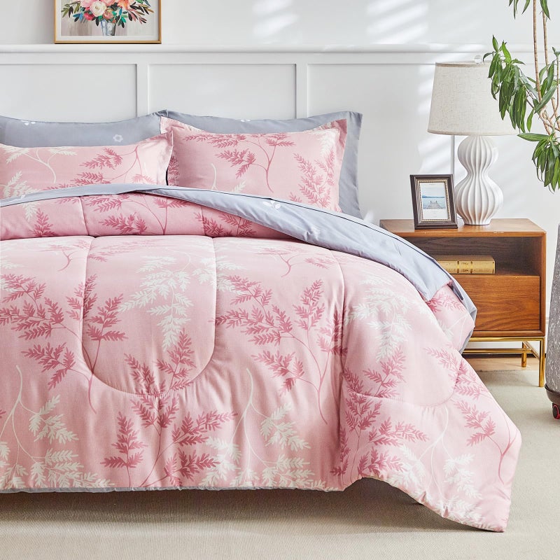 AIKASY Pink Queen Comforter Set with SheetsBed in a Bag 7PiecesPalm Tree Totem Printing DesignUltra Soft Down Alternative All Season Bedding SetQueen Pink