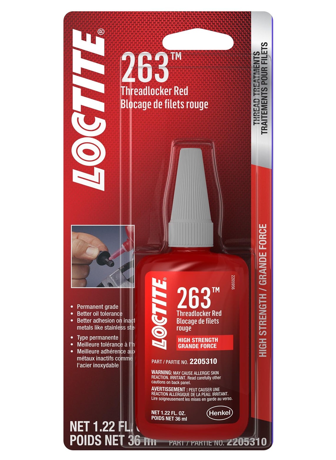 Loctite LOCTITE 263 Threadlocker for Automotive: High-Strength, Oil Tolerant, High-Temperature, Fluorescent, Anaerobic, Heavy Duty Applications | Red, 36 ml. Bottle (PN: 44068-2205310)  - Image 1