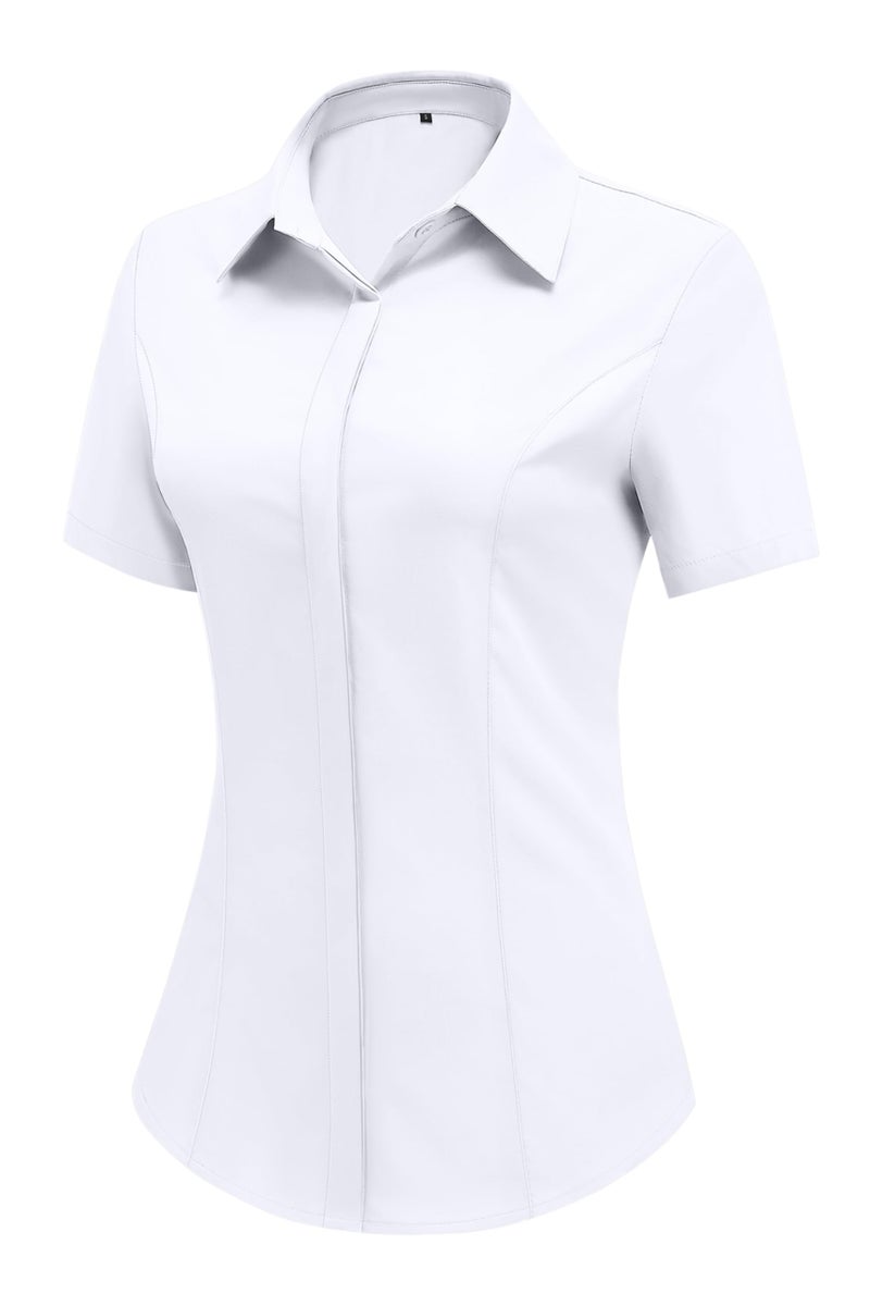 HOTOUCH White V Neck Shirts for Women Hidden-Button Business Work Casual Blouses Short Sleeve Button Up Fitted Tops L - Image 1