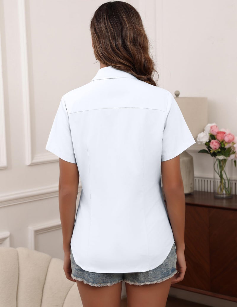 HOTOUCH White V Neck Shirts for Women Hidden-Button Business Work Casual Blouses Short Sleeve Button Up Fitted Tops L - Image 5