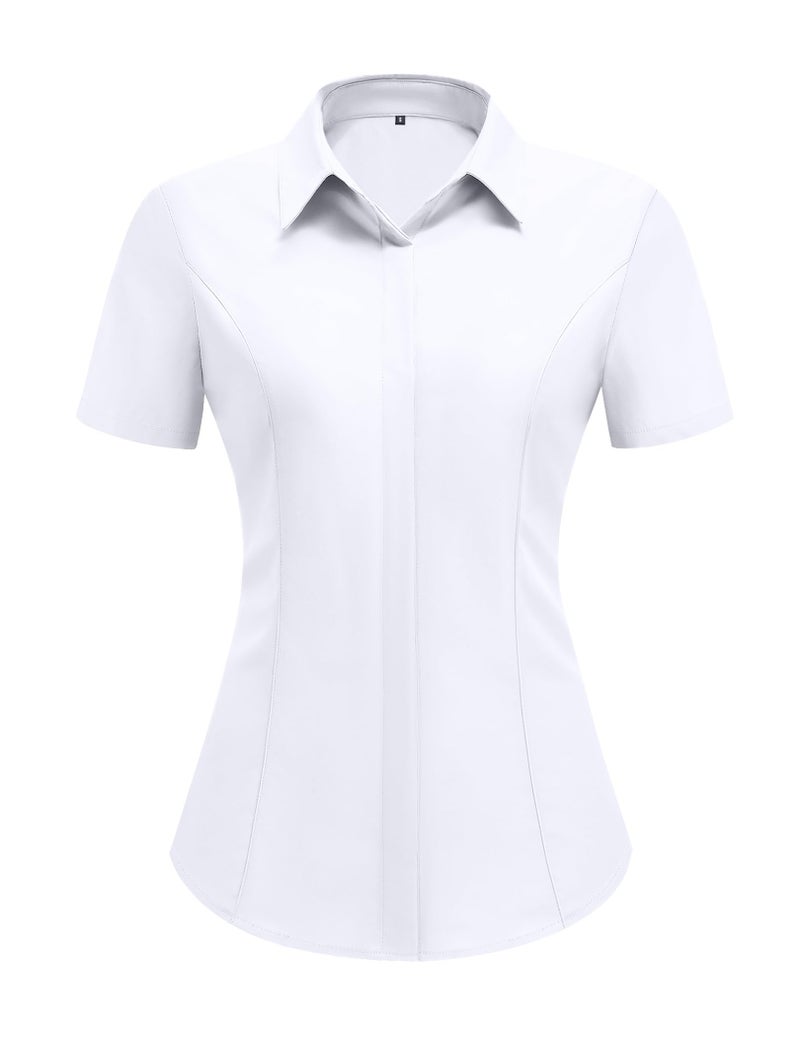 HOTOUCH White V Neck Shirts for Women Hidden-Button Business Work Casual Blouses Short Sleeve Button Up Fitted Tops L - Image 4