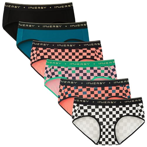 INNERSY Women's Underwear Cotton Hipster Panties Mid Rise Briefs Tagless Wide Waistband 6 Pack(Large, Fancy Checkers) - Image 1
