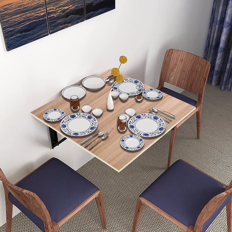 Kawachi Fold Down 3 Seater Wall Mounted Folding Breakfast Dining Table Perfect Addition to Kitchen Wall Mount Dining Room Light BeigeEngineered Wood - Image 1