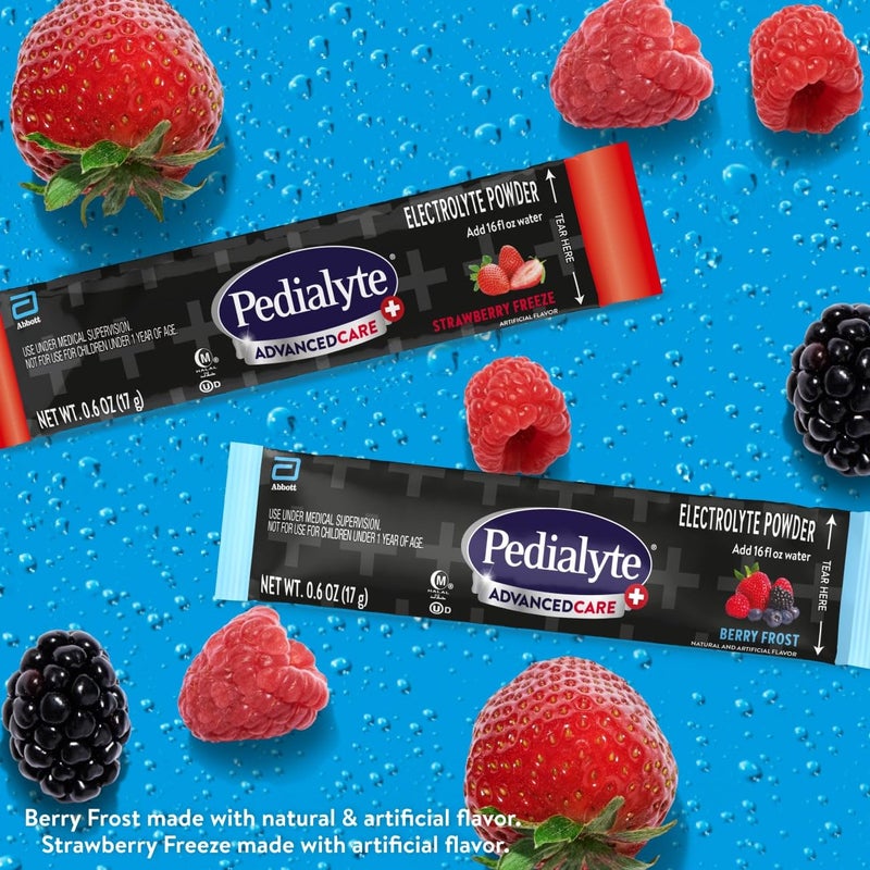 Pedialyte AdvancedCare Plus Electrolyte Powder, Has 33% More Electrolytes and PreActiv Prebiotics, Variety Pack: Berry Frost and Strawberry Freeze, 24 Powder Packets - Image 2