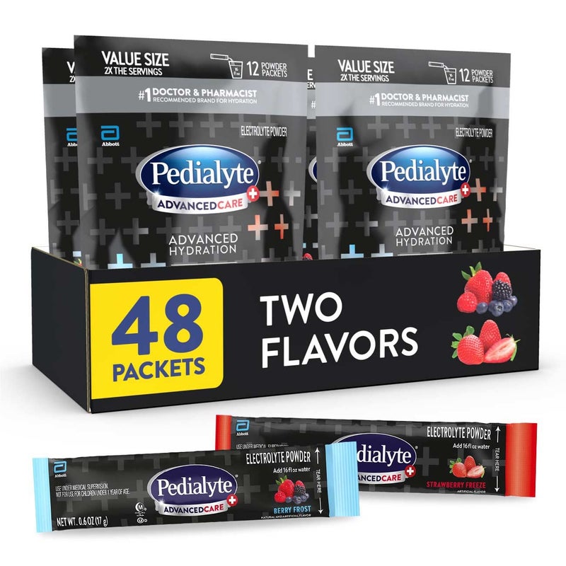 Pedialyte AdvancedCare Plus Electrolyte Powder, Has 33% More Electrolytes and PreActiv Prebiotics, Variety Pack: Berry Frost and Strawberry Freeze, 24 Powder Packets - Image 1