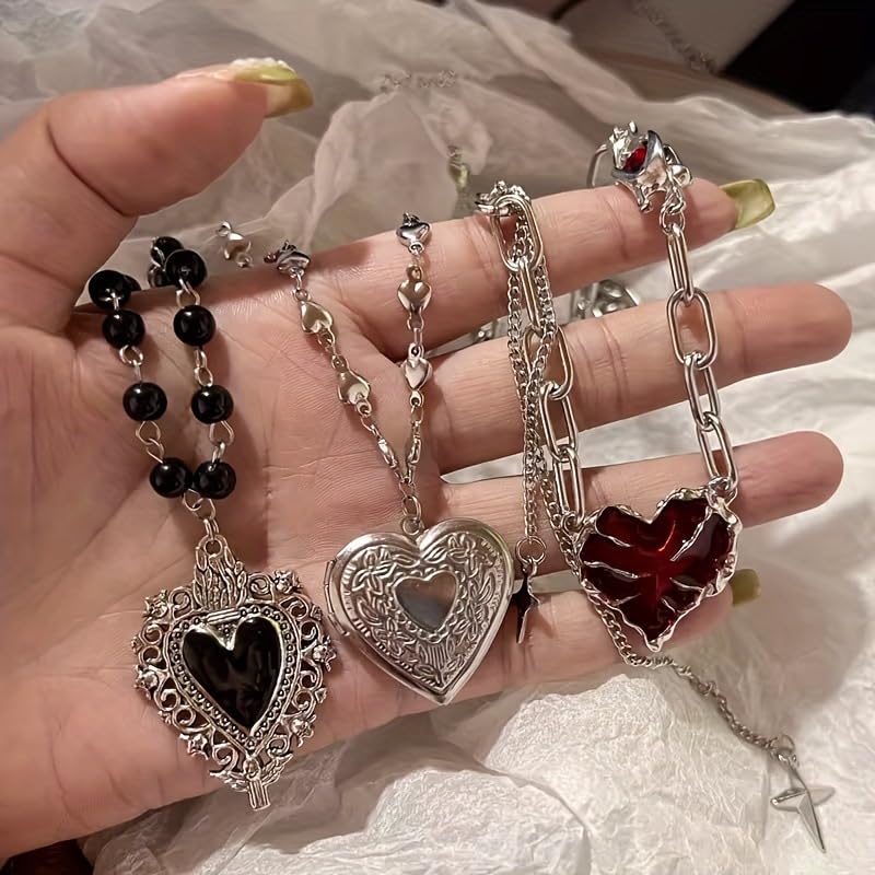 TYATVS Heart Locket Necklace for Women Boho Y2k Necklaces Vintage 2000s Renaissance Whimsigoth Accessories (silver-1) - Image 3