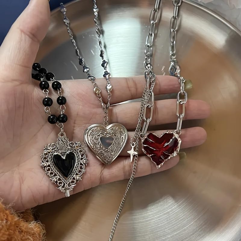 TYATVS Heart Locket Necklace for Women Boho Y2k Necklaces Vintage 2000s Renaissance Whimsigoth Accessories (silver-1) - Image 5