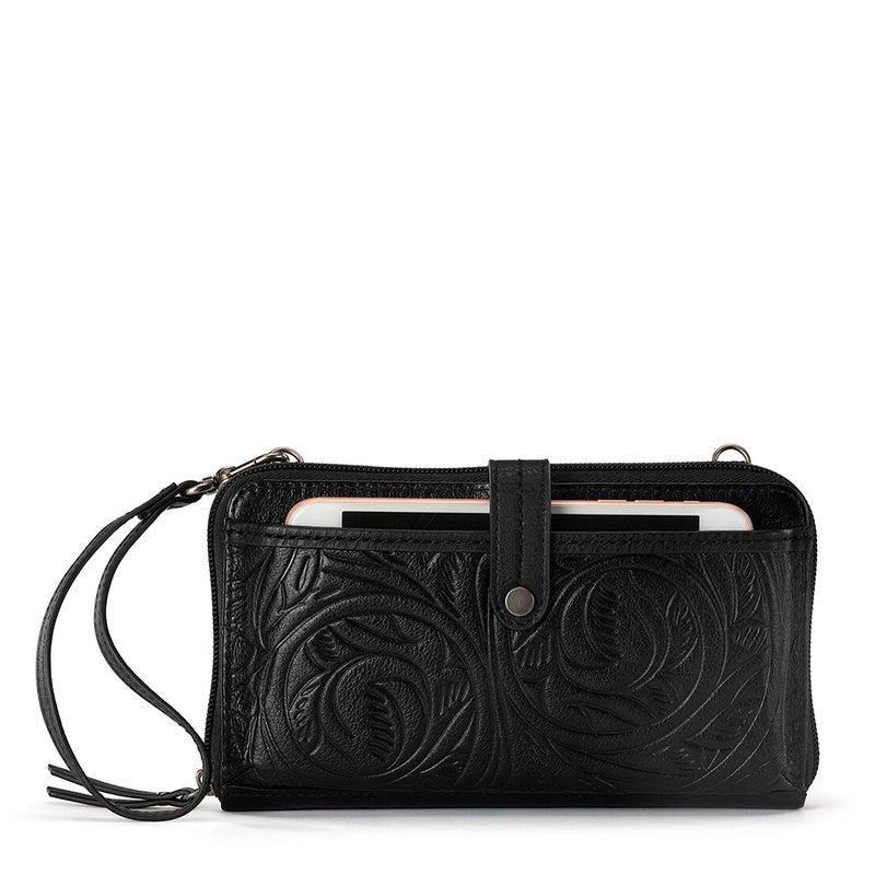 The Sak Iris Large Smartphone Crossbody Bag in Leather Convertible Wristlet Purse Design Black Leaf Embossed - Image 3