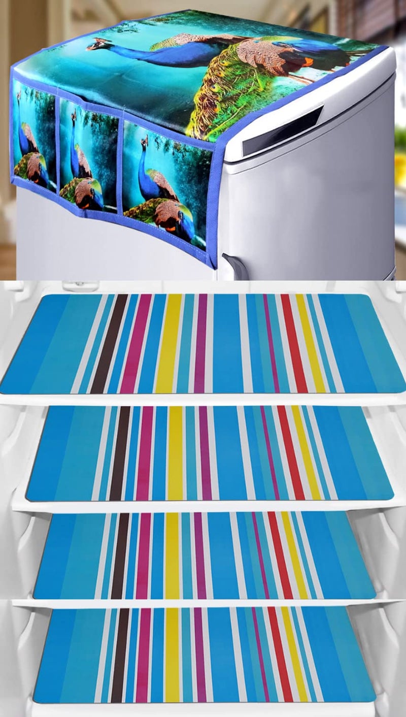 KANUSHI Industries® 1Pc Fridge Cover for Top with 6 Utility Pockets + 4 Fridge Mats (FRI-Peacock-Blue+M-1-04) - Image 1