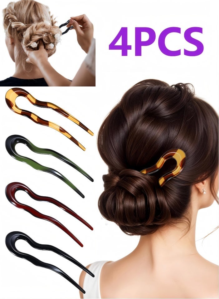 4 Pcs French Hair Pin U Shaped Acetate Hair Pins Fork 2 Prong Updo Chignon Pin for Women Girls Hairstyle Accessories（4 Colors） - Image 1